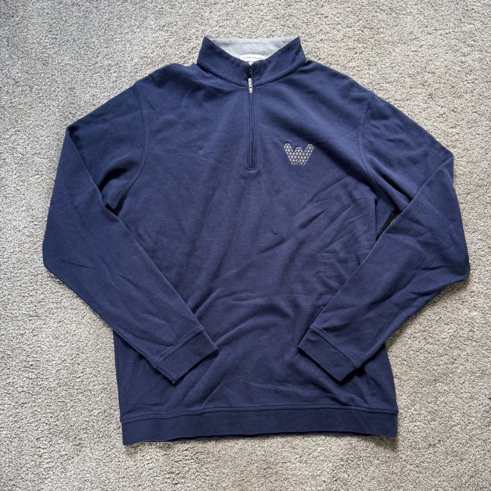 Peter Millar Mens Navy Blue Quarter Zip Pullover W Logo Pique Knit Sweater L
